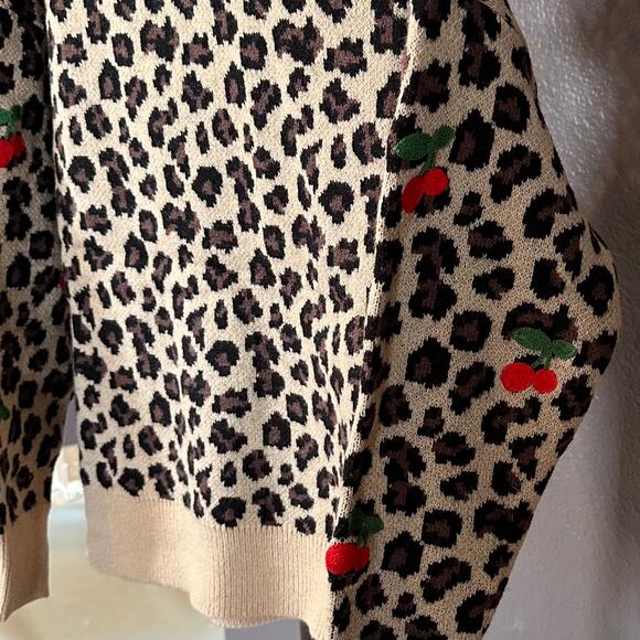 New! Leopard & Embroidered Cherry Crewneck One-Size Sweater Measurements Below - Picture 15 of 16